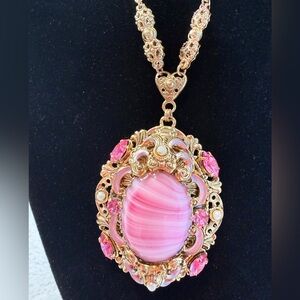 Vtg West Germany Filigree Glass Pink White Swirl Cabochon Faux Pearls Necklace